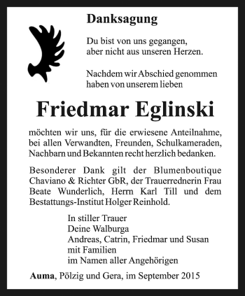 Traueranzeige von Friedmar Eglinski von Ostthüringer Zeitung