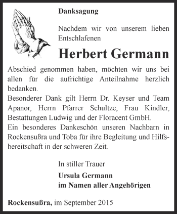 Traueranzeige von Herbert Germann von Thüringer Allgemeine