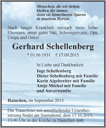 Traueranzeige von Gerhard Schellenberg von Ostthüringer Zeitung