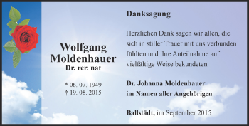 Traueranzeige von Wolfgang Moldenhauer von Ostthüringer Zeitung, Thüringische Landeszeitung