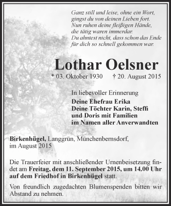 Traueranzeige von Lothar Oelsner von Ostthüringer Zeitung