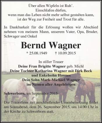 Traueranzeige von Bernd Wagner von Thüringer Allgemeine, Thüringische Landeszeitung