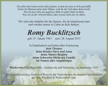 Traueranzeige von Romy Bucklitzsch von Ostthüringer Zeitung