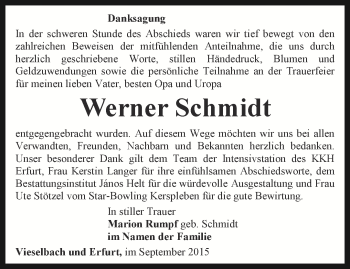 Traueranzeige von Werner Schmidt von Thüringer Allgemeine, Thüringische Landeszeitung