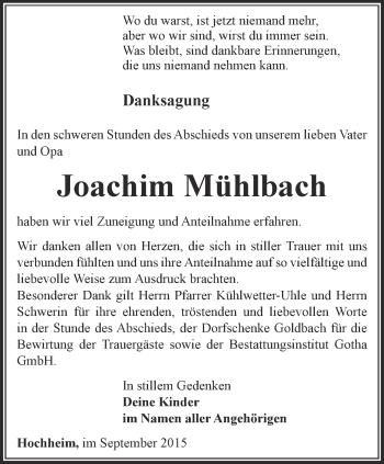 Traueranzeige von Joachim Mühlbach von Ostthüringer Zeitung, Thüringische Landeszeitung