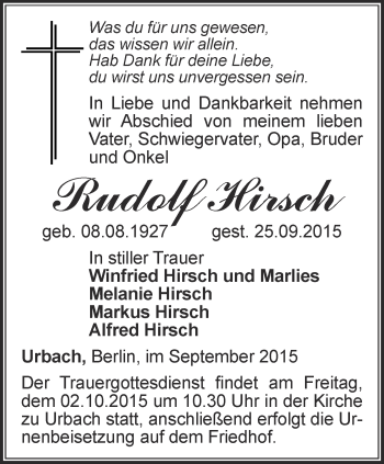 Traueranzeige von Rudolf Hirsch von Thüringer Allgemeine, Thüringische Landeszeitung