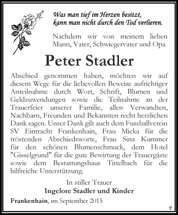 Traueranzeige von Peter Stadler von Thüringer Allgemeine