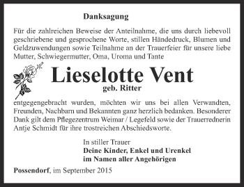 Traueranzeige von Lieselotte Vent von Thüringer Allgemeine, Thüringische Landeszeitung