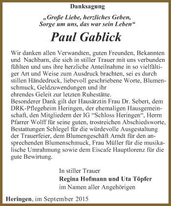 Traueranzeige von Paul Gablick von Thüringer Allgemeine