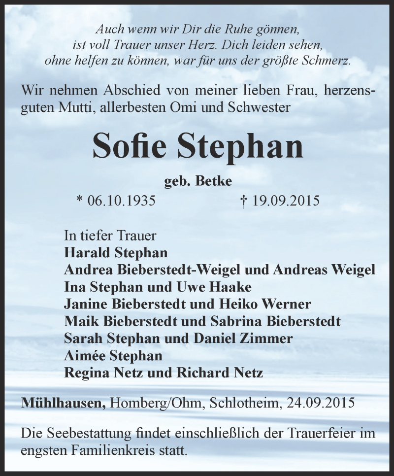  Traueranzeige für Sofie Stephan vom 26.09.2015 aus Thüringer Allgemeine, Thüringische Landeszeitung