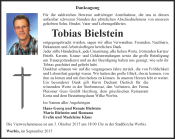 Traueranzeige von Tobias Bielstein von Thüringer Allgemeine