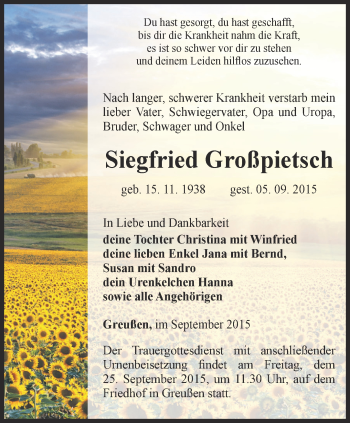Traueranzeige von Siegfried Großpietsch von Thüringer Allgemeine