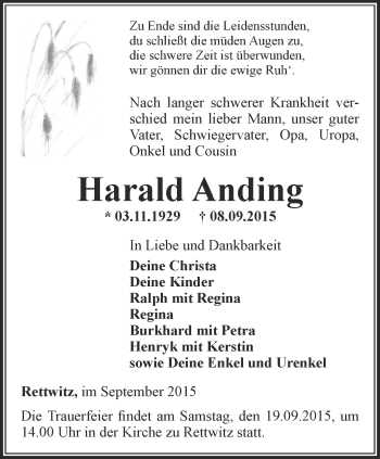 Traueranzeige von Harald Anding von Thüringer Allgemeine, Thüringische Landeszeitung