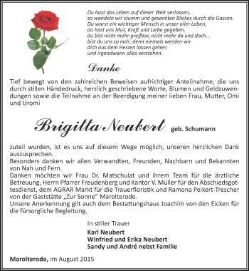 Traueranzeige von Brigitta Neubert von Thüringer Allgemeine, Thüringische Landeszeitung