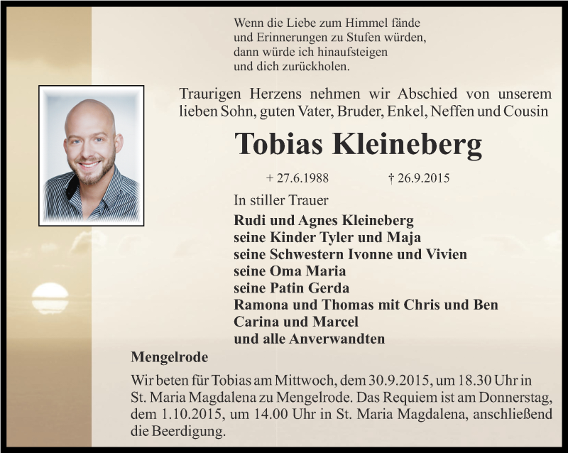  Traueranzeige für Tobias Kleineberg vom 30.09.2015 aus Thüringer Allgemeine