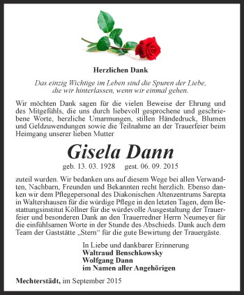 Traueranzeige von Gisela Dann von Ostthüringer Zeitung, Thüringische Landeszeitung