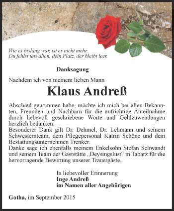 Traueranzeige von Klaus Andreß von Ostthüringer Zeitung, Thüringische Landeszeitung