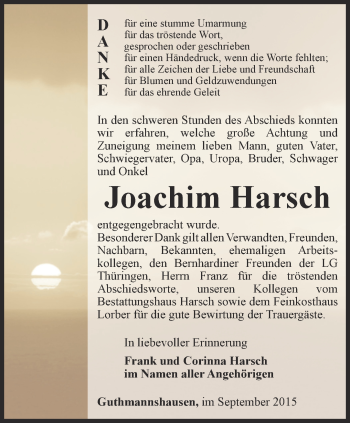 Traueranzeige von Joachim Harsch von Thüringer Allgemeine