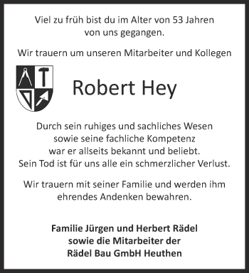 Traueranzeige von Robert Hey von Thüringer Allgemeine