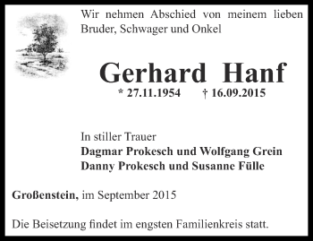 Traueranzeige von Gerhard Hanf von Ostthüringer Zeitung