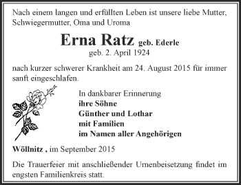 Traueranzeige von Erna Ratz von Ostthüringer Zeitung, Thüringische Landeszeitung