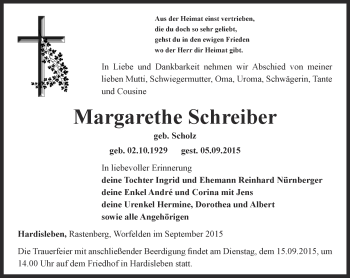 Traueranzeige von Margarethe Schreiber von Thüringer Allgemeine