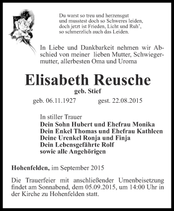 Traueranzeige von Elisabeth Reusche von Thüringer Allgemeine, Thüringische Landeszeitung