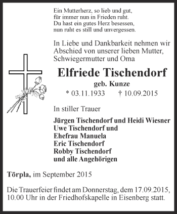 Traueranzeige von Elfriede Tischendorf von Ostthüringer Zeitung