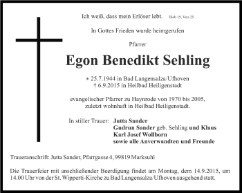 Traueranzeige von Egon Benedikt Sehling von Thüringer Allgemeine, Thüringische Landeszeitung