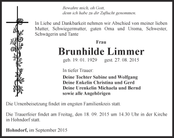 Traueranzeige von Brunhilde Limmer von Ostthüringer Zeitung