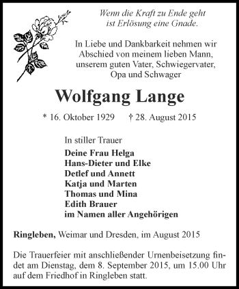 Traueranzeige von Wolfgang Lange von Thüringer Allgemeine, Thüringische Landeszeitung