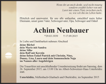 Traueranzeige von Achim Neubauer von Ostthüringer Zeitung