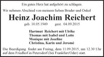 Traueranzeige von Heinz Joachim Reichert von Ostthüringer Zeitung