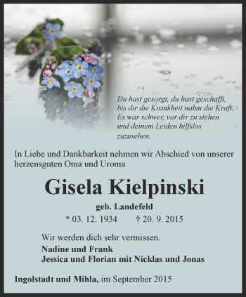 Traueranzeige von Gisela Kielpinski von Thüringer Allgemeine, Thüringische Landeszeitung