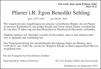 Traueranzeige von Egon Benedikt Sehling von Thüringer Allgemeine