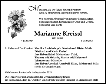 Traueranzeige von Marianne Kreissl von Thüringer Allgemeine, Thüringische Landeszeitung