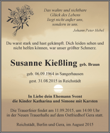 Traueranzeige von Susanne Kießling von Ostthüringer Zeitung