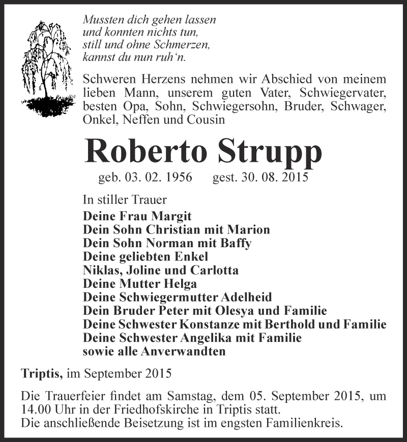  Traueranzeige für Roberto Strupp vom 02.09.2015 aus Ostthüringer Zeitung