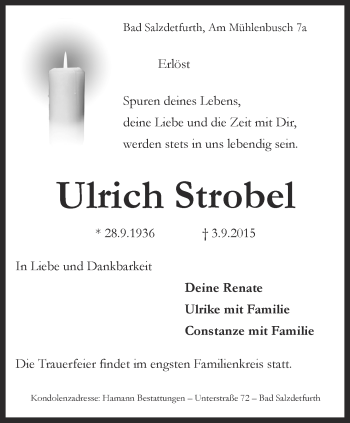 Traueranzeige von Ulrich Strobel von Ostthüringer Zeitung