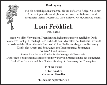 Traueranzeige von Loni Fröhlich von Thüringer Allgemeine