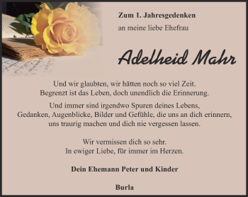 Traueranzeige von Adelheid Mahr von Thüringer Allgemeine, Thüringische Landeszeitung