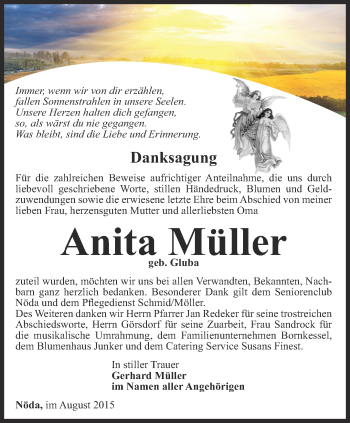 Traueranzeige von Anita Müller von Thüringer Allgemeine, Thüringische Landeszeitung