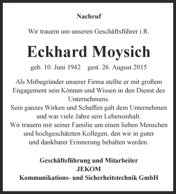 Traueranzeige von Eckhard Moysich von Ostthüringer Zeitung, Thüringische Landeszeitung