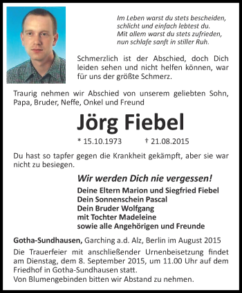 Traueranzeige von Jörg Fiebel von Ostthüringer Zeitung, Thüringische Landeszeitung