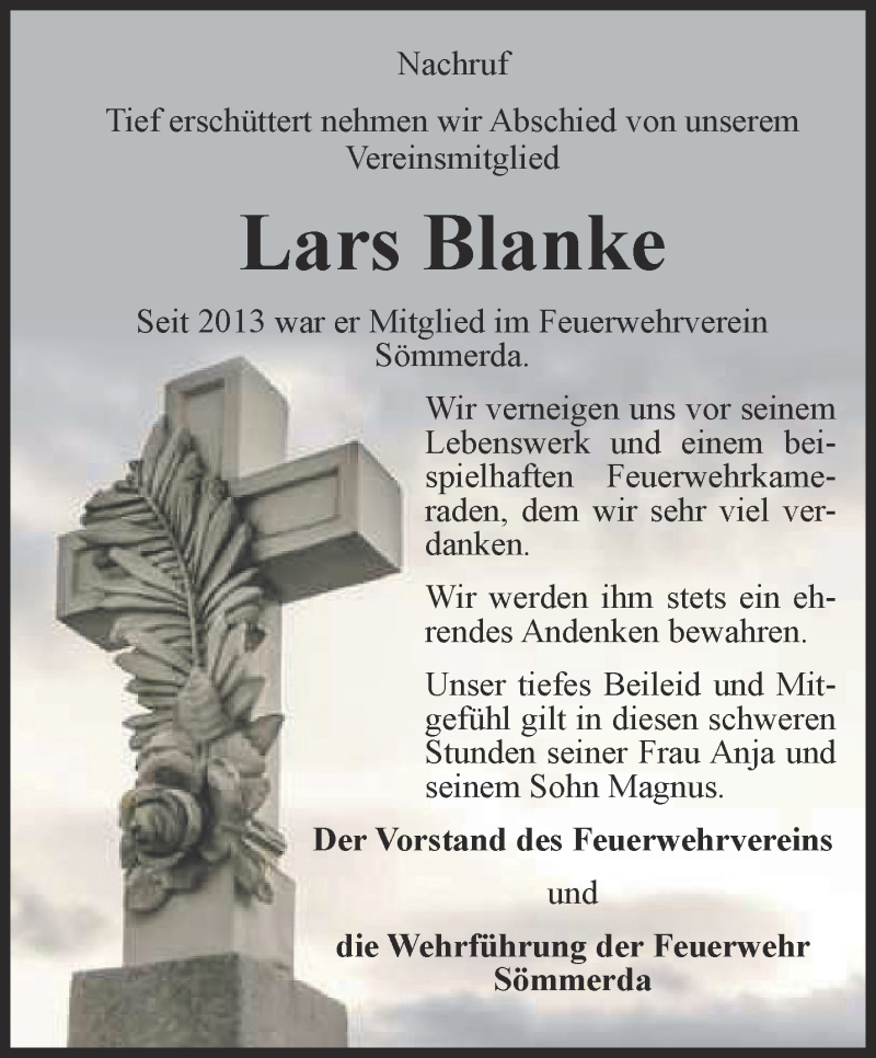  Traueranzeige für Lars Blanke vom 25.09.2015 aus Thüringer Allgemeine