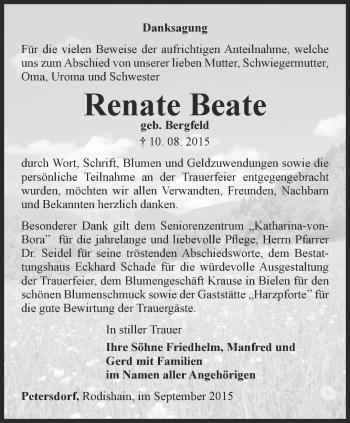 Traueranzeige von Renate Beate von Thüringer Allgemeine