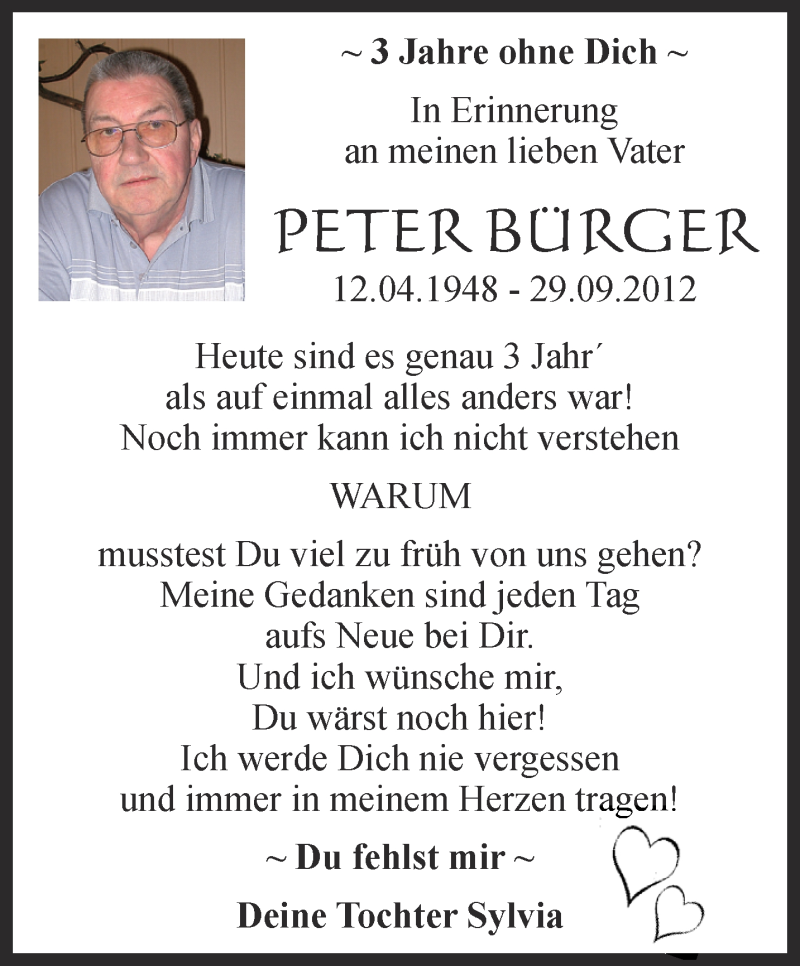  Traueranzeige für Peter Bürger vom 29.09.2015 aus Thüringer Allgemeine
