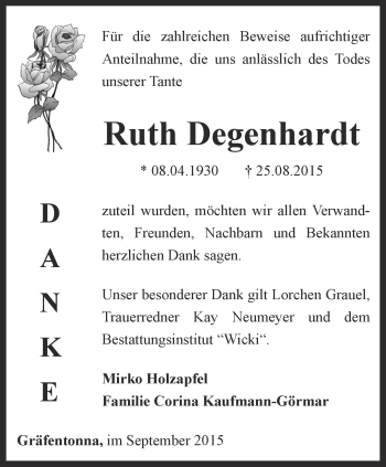 Traueranzeige von Ruth Degenhardt von Thüringer Allgemeine, Thüringische Landeszeitung