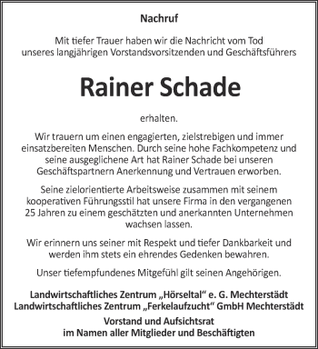 Traueranzeige von Rainer Schade von Ostthüringer Zeitung, Thüringische Landeszeitung