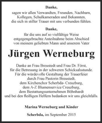 Traueranzeige von Jürgen Werneburg von Thüringer Allgemeine, Thüringische Landeszeitung